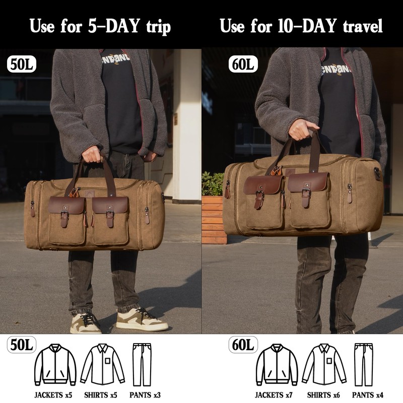 Canvas Duffle Bag for Men 50L Travel Duffel Bags Expandable