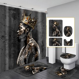African American Shower Curtain Sets for Bathroom, Black Praying King Bathroom Sets with Waterproof Shower Curtain and Non-Slip Rugs Toilet Lid Cover Bath Mat, Cool Unique Man Bathroom Decor Sets