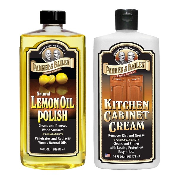 Parker & Bailey Lemon Oil Polish Bundled with Kitchen Cabinet Cream- Furniture Polish Oil and Wood Cleaner 16 oz Combo