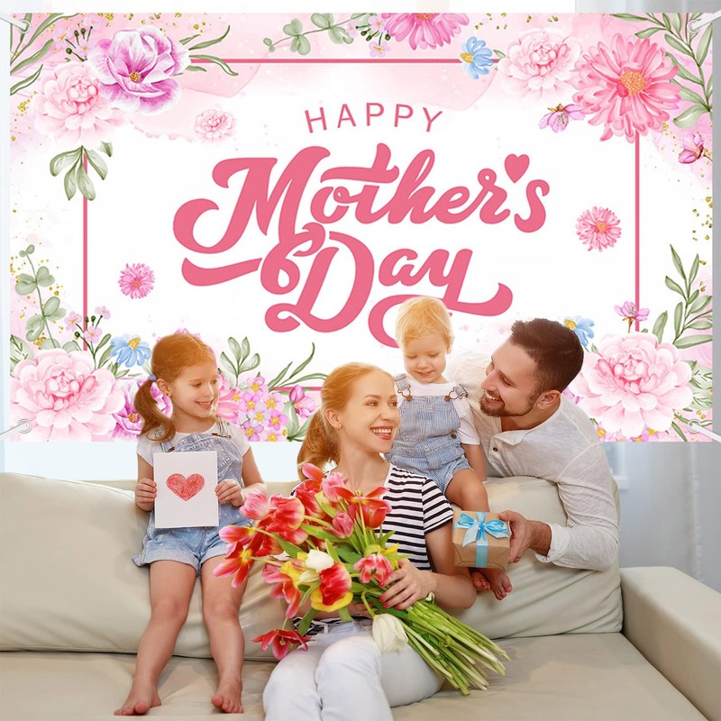 AIBIIN Happy Mother's Day Banner Pink Mothers Day Backdrop for