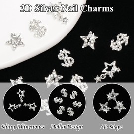 YAEISM 12PCS Star Nail Charms 3D Money Nail Charms Crystals Shiny Alloy Silver Nail Charms Nail Rhinestones for Nail Art and DIY Crafts Decoration