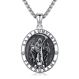 Shusukue Santa Muerte Necklace for Men Sterling Silver Grim Reaper Necklace for Women Black Santa Muerte Pendant Vintage Skull Necklace Santa Muerte Jewelry