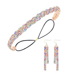 Flayem Rhinestone Elastic Head Chain Shiny Headband Women's Vintage Headband Hair Band with Earrings Elegant Head Chain for Women (Gold Rainbow, 45.5 cm)