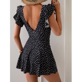 Aidonger One Piece Swimdress Tummy Control Ruffle Swimsuit for Women Tie Knot Swim Dresses V Neck Bathing Suit Skirt Black Polka Dot