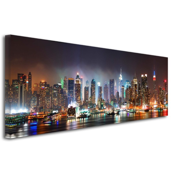 New York by Night Panorama Picture City Picture on Canvas Wall Decoration Landscape Home Kitchen Living Room Bedroom Decoration 120 x 50 cm Multi-Coloured