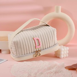 Ouksma Initial Makeup Bag Monogrammed Double Layer Cosmetic Bag Velvet Travel Toiletry Bag Large Cpacity Makeup Pouch Portable Makeup Organizer Cosmetic Brush Bag Case (D, White/Pink)