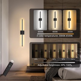 2 Pack Wall Sconces Battery Operated, Wall Sconces 3000K-6000K Dimmable Rechargeable Wall Sconces with Remote Control, 350°Rotate LED Wireless Wall Lights for Living Room, Hallway, Bedroom(Black)