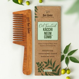Nat Habit Kacchi Neem Wooden Comb - Soaked In 17 Herbs, Neem & Sesame Oil For Multi-Actions - Detangling, Frizz Control & Shine Suited For All Hair Types (Wide Tooth)