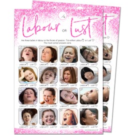 20 x Labour or Lust Baby Shower Game - Girls Pink Glitter Effect (20 Guest Cards + 1 Card of Answers for The Host + Winner's Certificate)