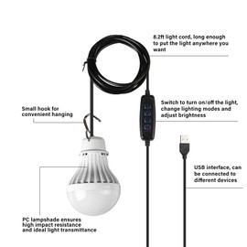 Outdoors USB LED Lamp Warm/White/Warm White Light Adjustable Brightness Hook for Camping Hiking Emergency Portable Light
