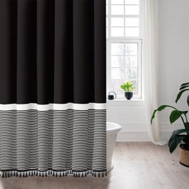 Seasonwood 84 Inch Shower Curtain Black Shower Curtains White Striped with Black Tassels Modern Farmhouse Waterproof Cloth Shower Curtain Set