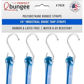 The Perfect Bungee 24 Inch Bungee Cords with Hooks – Industrial Grade Bungee Cord, Tarp Strap, Polyurethane Bungee Straps 4 Pack Blue – Made in The USA - Stretches Two Times Original Length