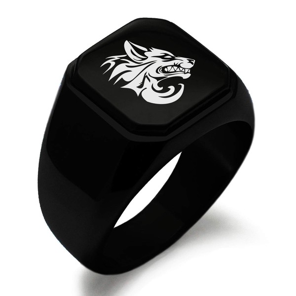 Black IP Plated Stainless Steel Tribal Wolf Square Flat Top