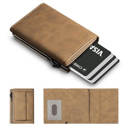 Manmaxim Men Card Wallet RFID Blocking, Slim Mens Wallets Pop Up Credit Card Holder, Smart Men Magnetic Wallet Minimalist Metal Card Case with Coin Pocket & ID Window, C03-Crazy Horse Brown