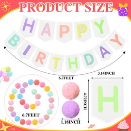 Buryeah Felt Happy Birthday Banner Pastel Boho Happy Birthday Garland Macaron Pom Pom Rainbow Birthday Banner Reusable Birthday Sign Decoration Colorful Festive Cute Birthday Party Supply