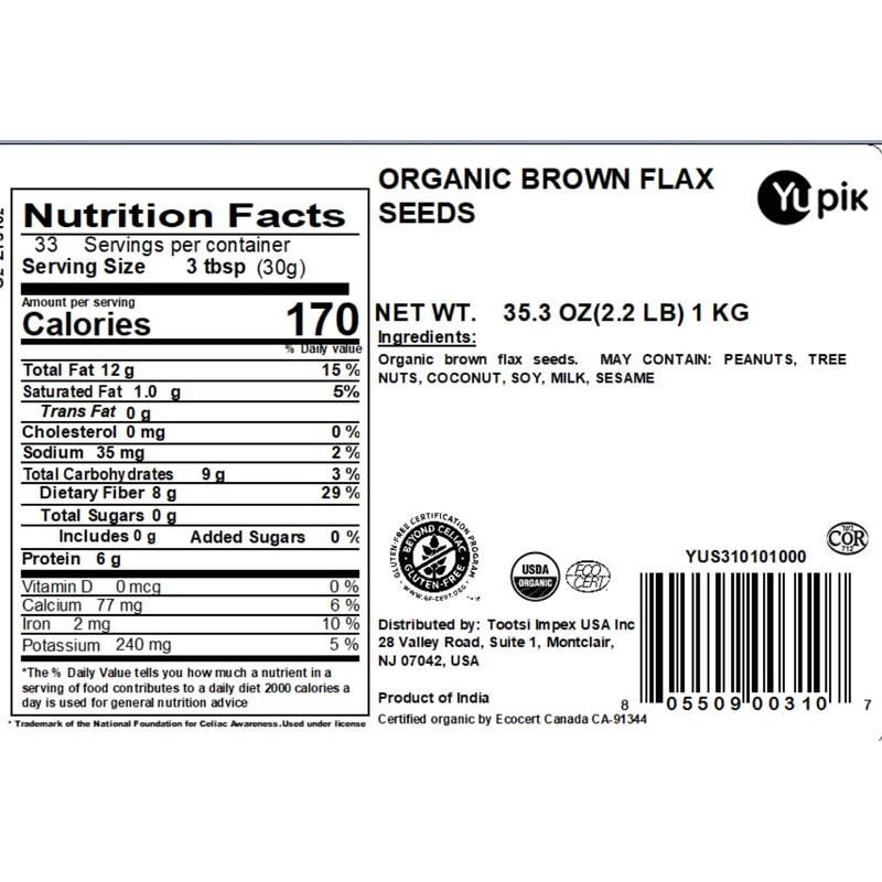 Yupik Organic Brown Flax Seeds, 2.2 lb (35.3 oz), Gluten-Free,