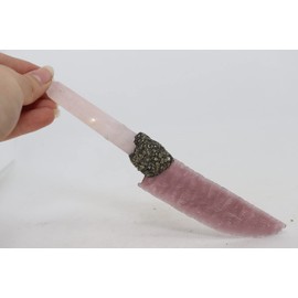 Purple Fiber Optic Glass Flint Knapped Pressure Flaked Fantasy Blade Point Cosplay/Wiccan Energy Wand Hafted On Rose Quartz Crystal Handle; Crushed Pytite