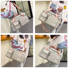 Epzia Small Gym Bag for Women, Waterproof Travel Bag, Hand Luggage Weekender Bag with Shoe Compartment & Wet Compartment, Gym Tote Bag for Travel, Workout, Sports (Green), Pink-grey, 123 cm