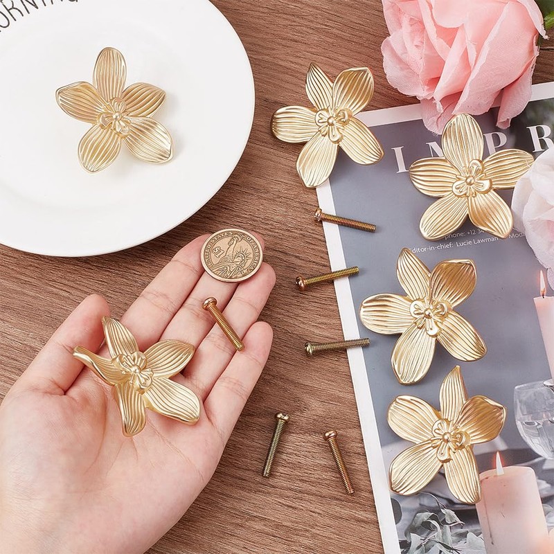 CREATCABIN 6 Sets Gold Flower Drawer Knobs Cabinet Knobs Dresser