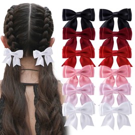 12Pcs Hair Bows Clips for Women Silky Satin Cute Bow Clips for Girls Short Tail Hair Ribbon Alligator Barrettes French Hair Accessories(Black/White/Pink/Red)