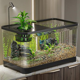 Acrylic transparent fish tank, ecological aquarium, plastic goldfish tank with lid transparent living room Small luxury landscape turtle tank table, large size, transparent display. - Color: Basic turtle tank [with climbing frame]