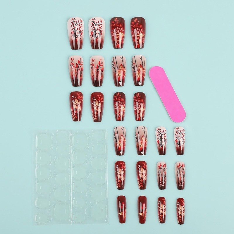 Fall Coffin Press on Nails Medium Fake Nails with Leaves