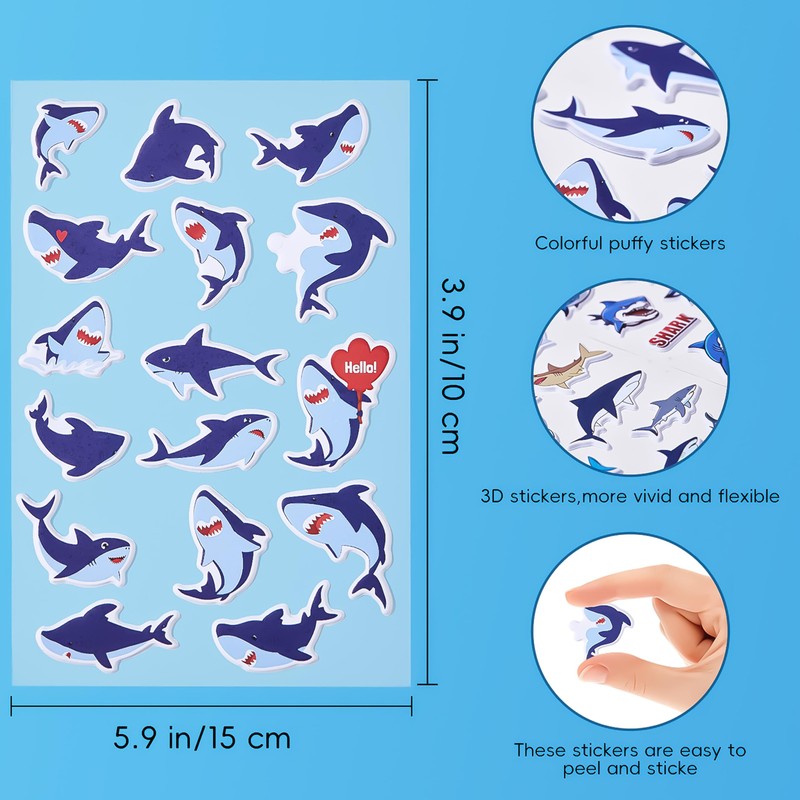 Shark 3D Stickers, 8 Sheets 120+ Puffy Stickers,Shark Party Favors