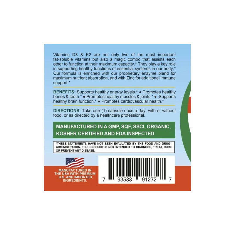 Life Infused Vitamina D3 K2 Con Zinc Y Enzimas 90