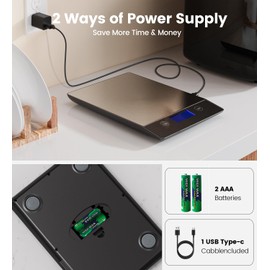 AZC 250mAh Rechargeable Food Scale，0.1oz-33lb， 304 Stainless Steel Waterproof Kitchen Scale，Batteries and Type-C Charging Food Scales for Kitchen，Inclined LCD Display