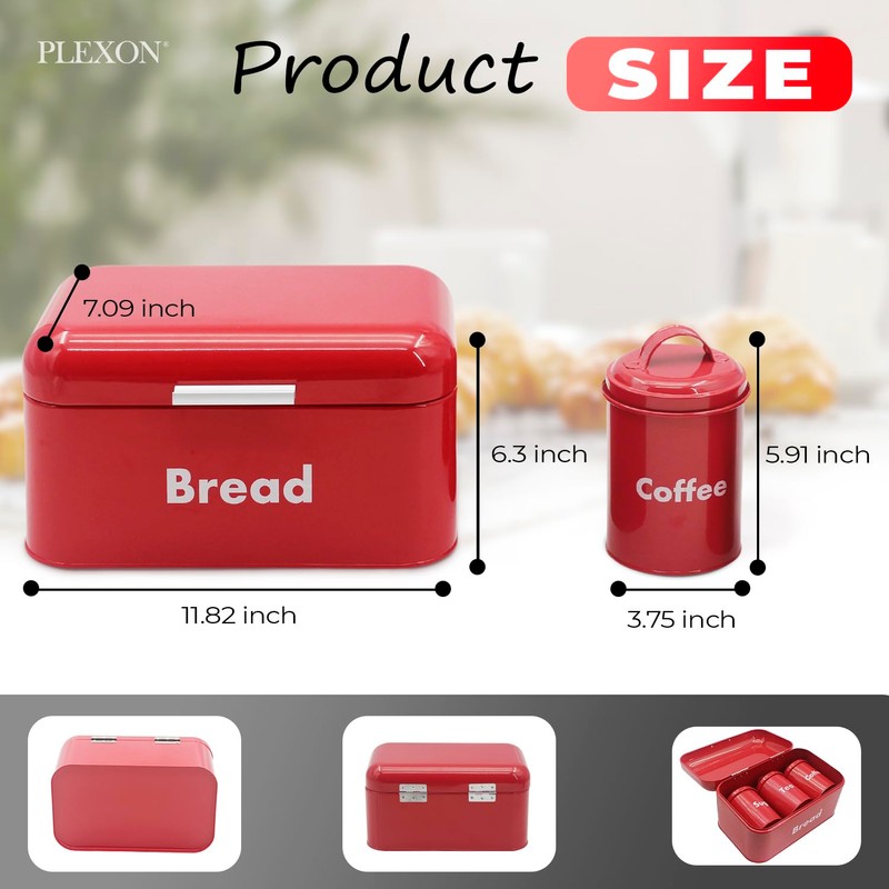 Plexon Bread Box for Kitchen Countertop with 3 Coffee, Tea,