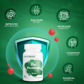 Ambrosial Zinc Picolinate 30mg | High Strength Zinc Mineral Supplement for Immune Support Bones, Hair, Skin & Nails (Pack of 1-180 Tablets)