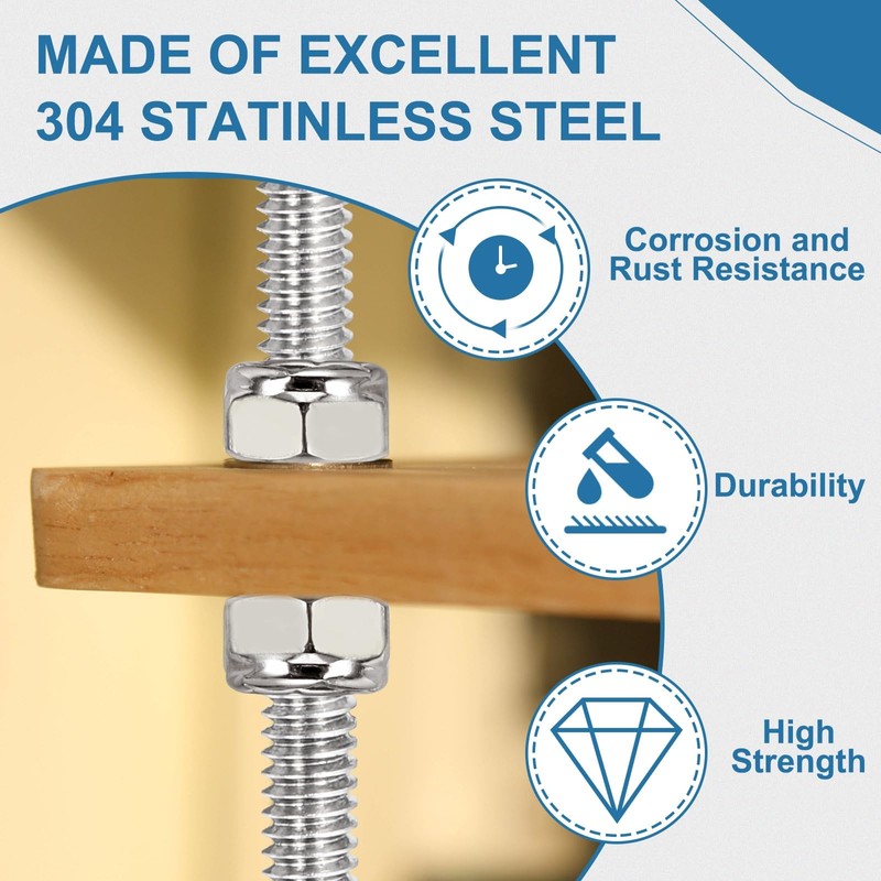 PATIKIL 4Pcs 3/8"-16x40mm Threaded Rods with Hex Nuts, 304 Stainless