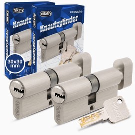 GERCAR Pro Knob Cylinder, 30/30 mm, Solid Locking Cylinder, Keyed Alike with Knob, Nickel-Plated Matt Brass Cylinder Lock, Includes 10 x Reversible Keys, Length: 60 mm, A:30 mm, B:30 mm, Set of 2