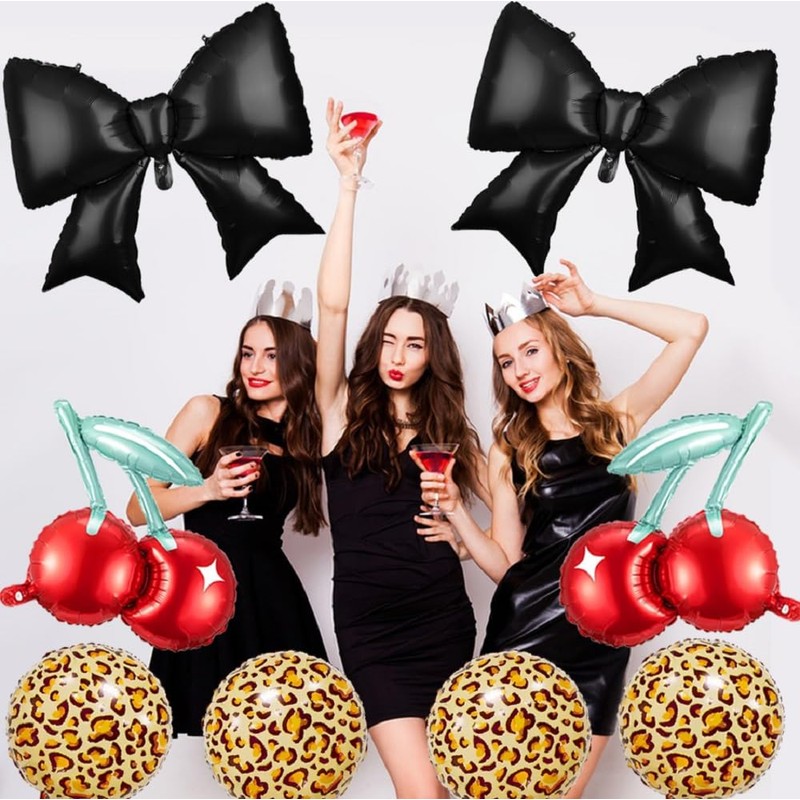 8PCS Black Bow and Cheetah Cherry Foil Balloons Decorations