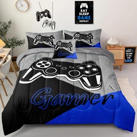 Z.Jian HOME 6 Pieces Gaming Bedding Set Full Size for Boys Gamer Comforter Set for Boys Girls Kids Teens 6 Piece Bed in A Bag Video Game Bedding for Gamer Room Decorative Full50