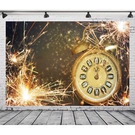 CORFOTO 8x6ft New Year's Eve Backdrop Golden Fireworks Sparklers Clock on Rustic Wall Texture Background for New Years Eve Party Decorations Christmas Party Banner Photoshoot Props