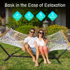 ANAGOO Double Hammock for 2 Person, Handwoven Cotton Rope Hammock with Spreader Bar Without Stand - Indoor & Outdoor Use for Patio, Poolside, Backyard (Off White)