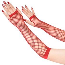 LRMYS Elastic Long Fishnet Gloves, One Size Fingerless Net Mesh Gloves 80s Hand Gloves for 80s Fancy Dress Costume Accessory Party Supplies, Red 1 Pairs