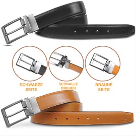 JULIUR LAMONT® Men's Leather Belt, 33 mm Wide, 2-in-1 Leather Belt (Reversible Belt), Classic Men's Leather Belt for Suit or Jeans, Can be Shortened with Gift Box, Black & Fawn (Matt Buckle)