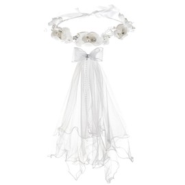 Merroyal Girls Communion Bow and Dangle Cross Charm with 24 Inch Veil on Hair Comb,with White Floral Crown(Veil with Crsytal)