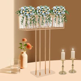 RocoReny Gold Wedding Crystal Centerpieces Flower Stand, 35.4in T-Stage Tabletop Metal Vases with Hanging Crystals Rectangular Chandelier Pedestal Stand for Party, Wedding Arrangement Decoration