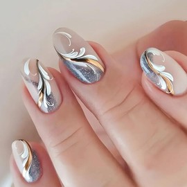 Short Round Nails Press ons Acrylc Press on Nails Oval 24Pcs Fake Nails Gray-Blue Glue on Nails with Gold White Lines Glitter Designs Nude False Nails Glossy Artificial Stick on Nails for Women