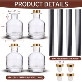 4 Pack Perfume Reed Diffuser Bottle,Empty Big Belly Aromatherapy Essential Oil Bottles Glass Jar with Black Sticks for DIY Fragrance Replacement Diffuser Sets (150ml/ 5 oz, Transparent Color)