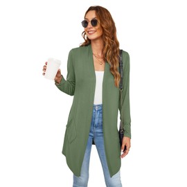 Veryoung Long Olive Green Cardigans for Women with Pockets Lightweight Fall Cardigan Duster Long Sleeve Open Front Dressy Casual Business Work Thin Sweaters,M