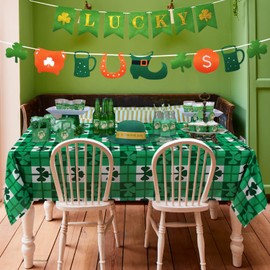 SARAFLORA St Patrick's Day Shamrocks Table Cloth- 60x84 inch Rectangle Tablecloth- Green and White Check with Irish Clover Stain and Water Resistant Table Cover for Dinner/Party/Holiday/Picnic