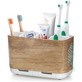 Boperzi Toothbrush and Toothpaste Holder Wood Grain for Bathroom Countertop with Adjustable Dividers, Toothpaste Caddy Organizer Storage Rustic Decor Set Freestanding Anti-Slip for Shower,Family,Kids