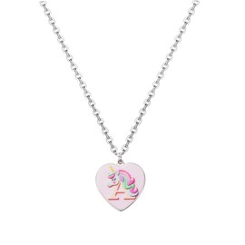 Initial Necklaces Heart Pendant Necklace, Silver Chain, Pink Heart Charm with Rainbow Design (A)