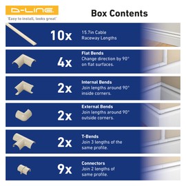 D-Line 157in Cord Cover Kit, Self-Adhesive Wire Hiders, Paintable Cable Raceway to Hide Wires on Wall, Electrical Cable Management - 10x 15.7 Lengths & 19 Accessories - 1.18" (W) x 0.59" (H) - Beige