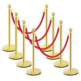 SHAREWIN Gold Stainless Steel Stanchions Rope - Crowd Control Barriers with Red Carpet Safety Barrier, Velvet Ropes and Posts & Retractable Belts for Party Theater Weddings, Museums - 8 Pcs