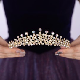Teyglen Gold Crown Bridal Crystal Crown Princess Rhinestone Tiara Royal Queen Crown Headband Wedding Tiara for Women Brithady Party Prom Pageant Costume Headpiece (Ab color)